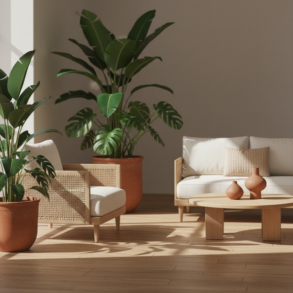 A tidy desk with a notebook, a potted plant and a cup of herbal tea - calm workspace